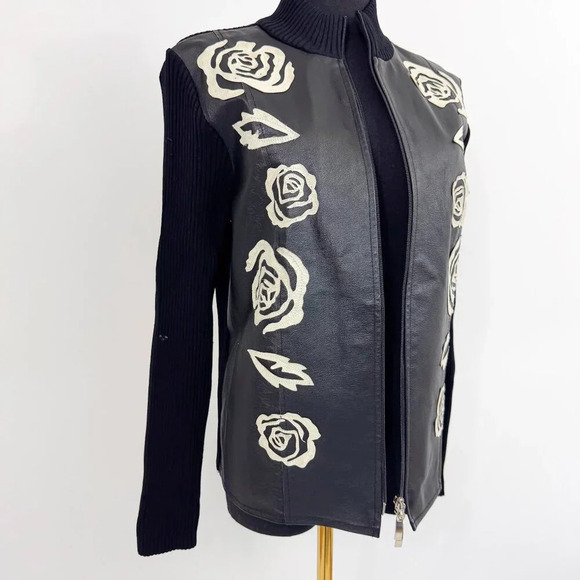 RARE VINTAGE KATHERINE BARCLAY LEATHER ZIP UP WITH ROSE LEATHER MOTIF JACKET - Picture 11 of 14